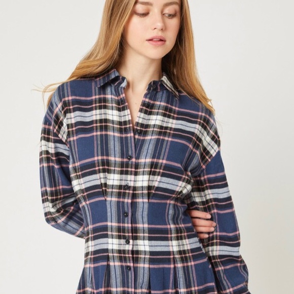Plaid Long Sleeve Button Down Mini Dress in Blue - Picture 5 of 14